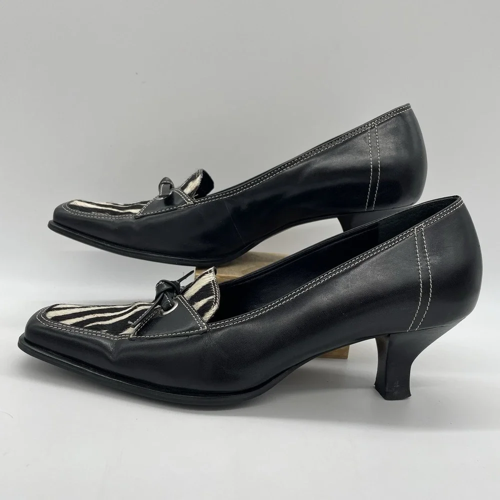 Franco Sarto Womens 6.5 Shoes Zebra Kitten Heel Square Toe Bow Tie Black Leather